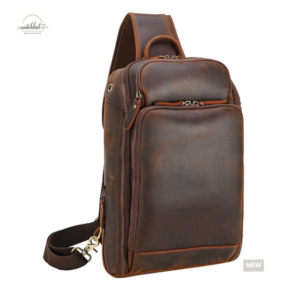 Men's Leather Sling Backpack Daypack with Laptop Sleeve YKK Zippers